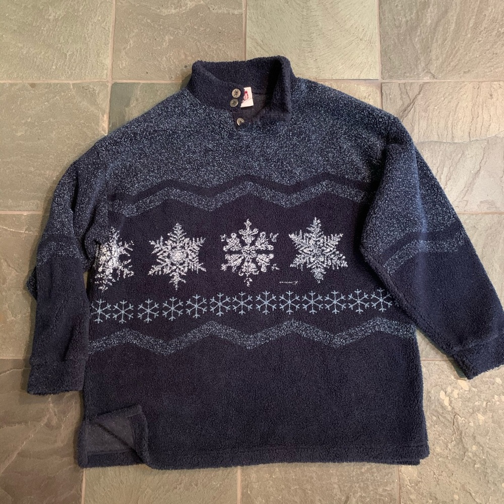 Berber long sleeve winter holiday snowflake pullover button neck navy blue